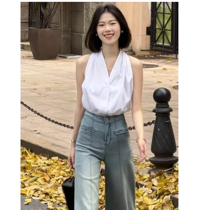 黑色V领无袖挂脖上衣女夏季外穿高级感开衫小吊带背心2025年新款