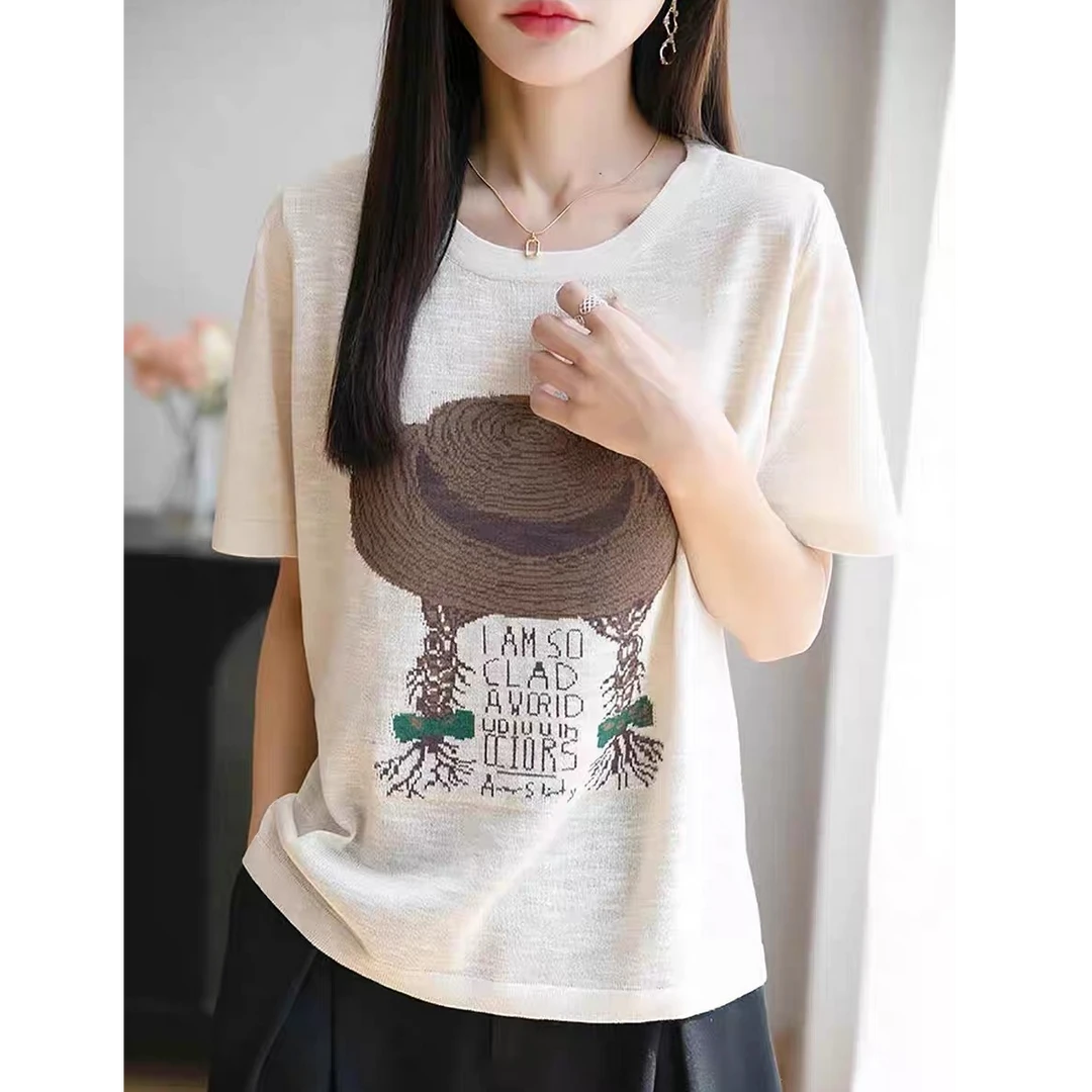 退货有补贴~夏季新款竹节麻圆领草帽女孩针织短袖时尚百搭宽松衣