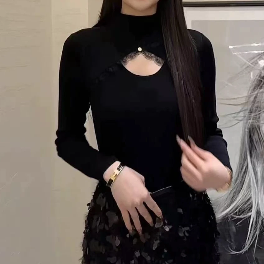 小鑫肝@现货浮力重工蕾丝提花拼接镂空装饰气质版长袖T恤 5576