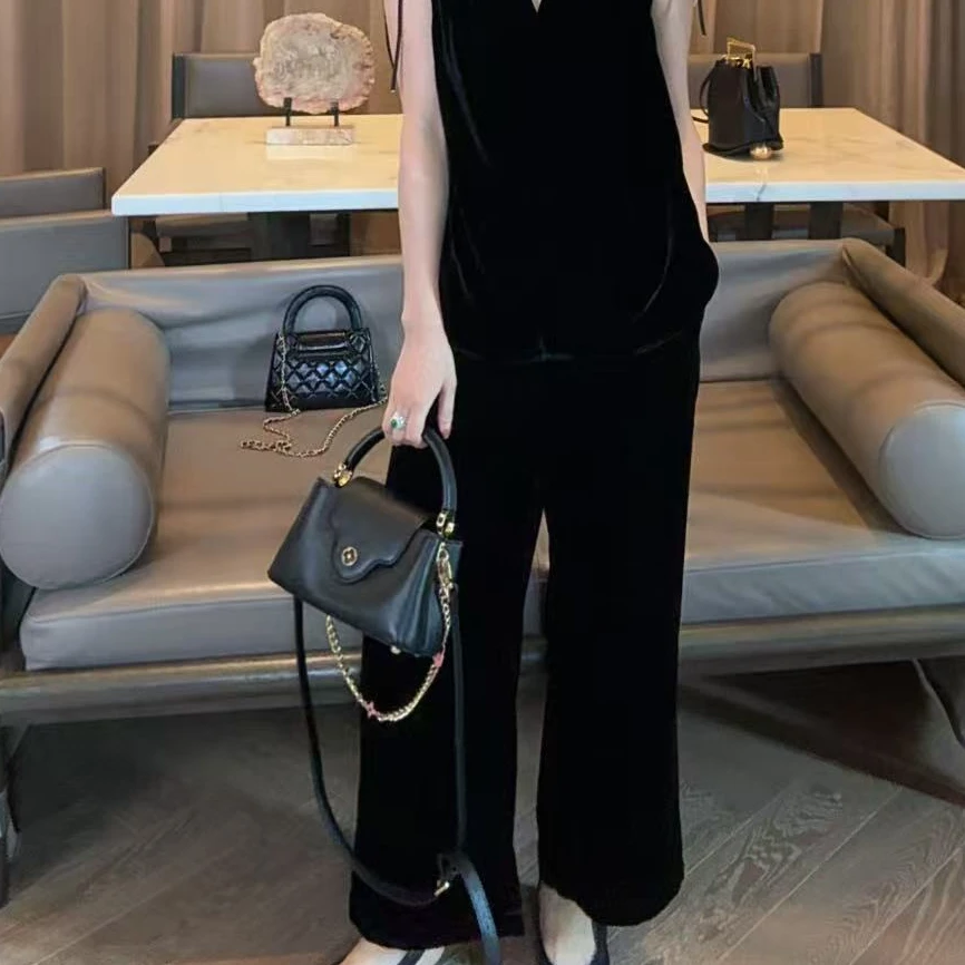 TANTAN  真丝丝绒 气质时尚松紧腰休闲裤1882