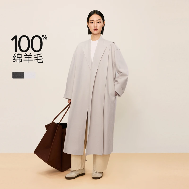 LESS冬季羊毛大衣女围巾领可拆卸披肩长款双面毛呢外套2N0810970