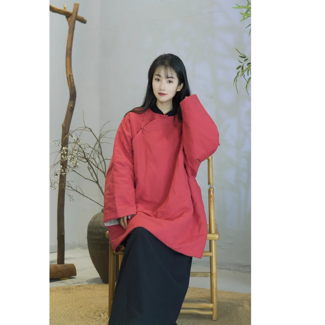 【兰若词】圆领宽口袖苎麻棉中长袍子
