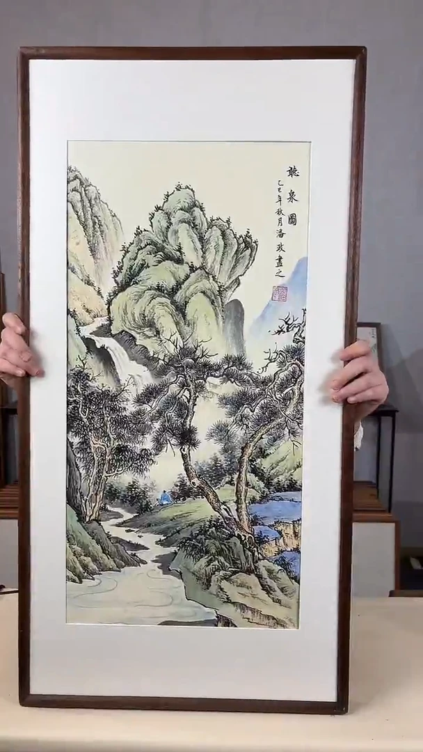 国画手绘*听泉图*47*92cm带框发货