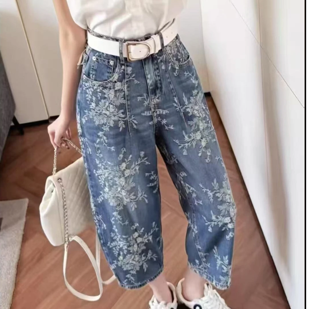 胖丫专属—88355夏季高街印花牛仔裤女显瘦直筒裤九分裤宽松休闲裤