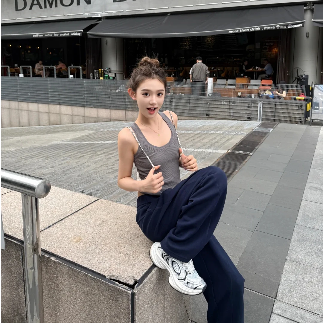 灰色工字背心辣妹外穿吊带女夏季修身短款上衣设计感高腰阔腿裤子
