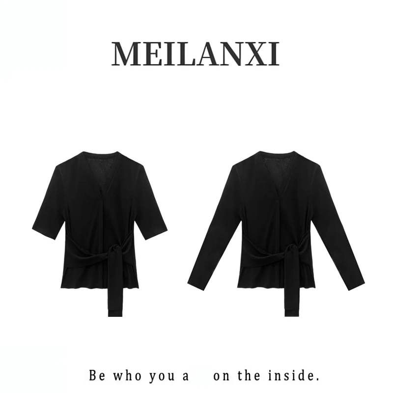 【MEILANXI】【绑带V领】254夏新桑.蚕.丝设计感时尚女款上衣9535