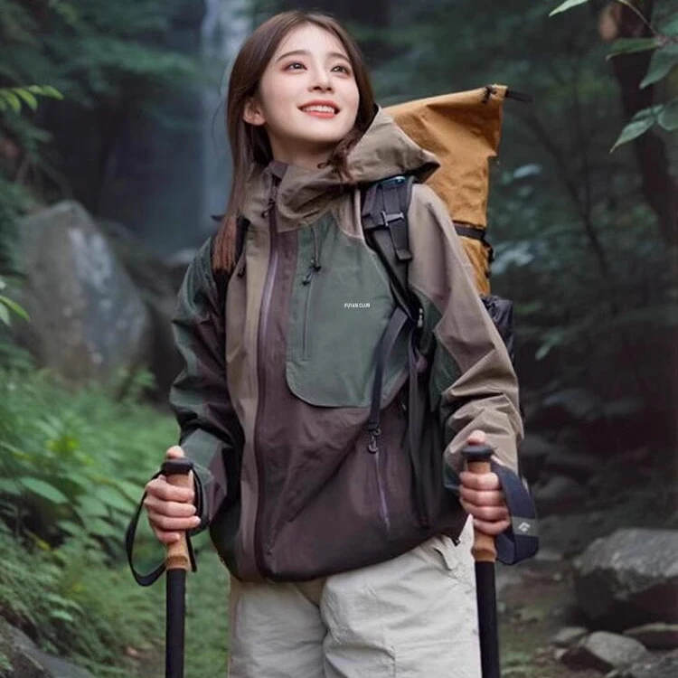 芙沿棕绿色拼接冲锋衣款外套女2025秋冬新款加绒加厚三合一登山服