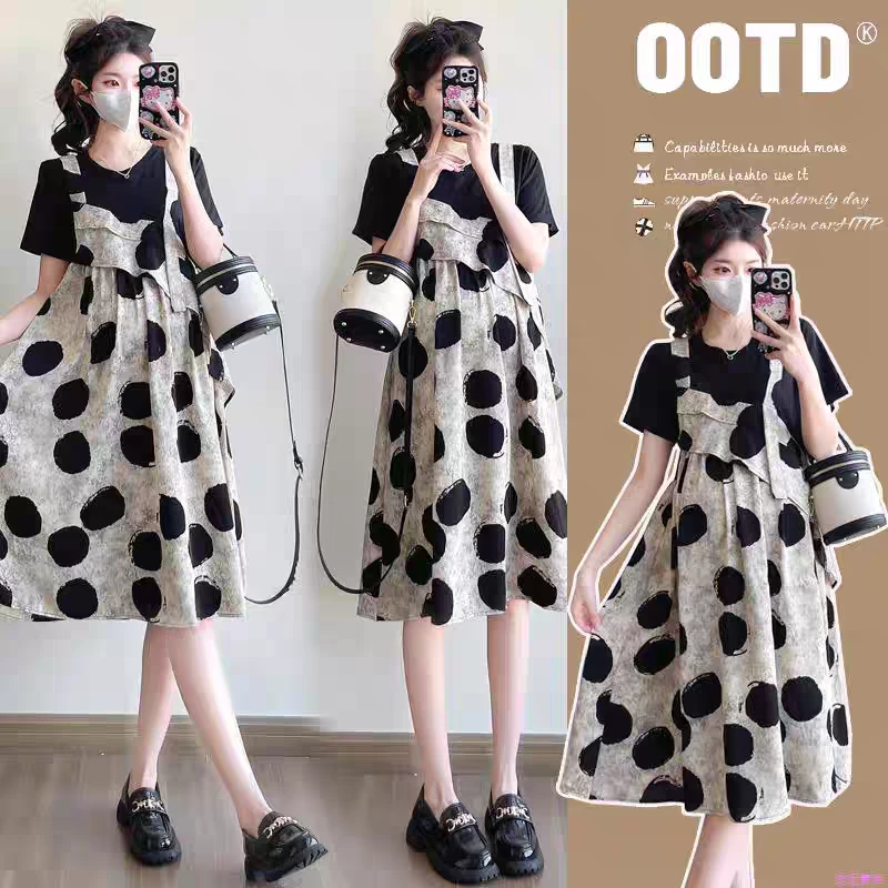 孕妇2025夏季大码显瘦减龄洋气时尚小个子假两件拼接大波点连衣裙