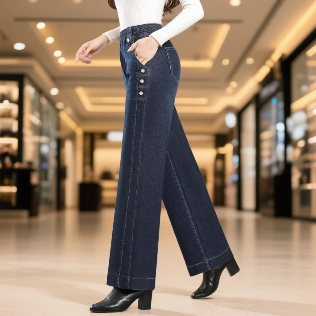 松紧腰加绒加厚阔腿牛仔裤女冬大码高腰百搭妈妈裤宽松显瘦直筒裤