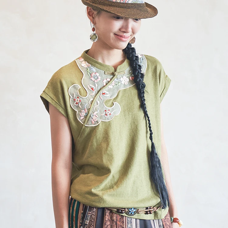 读你原创民族风2025夏新款简约绣花亲肤上衣针织棉短袖T恤女6521