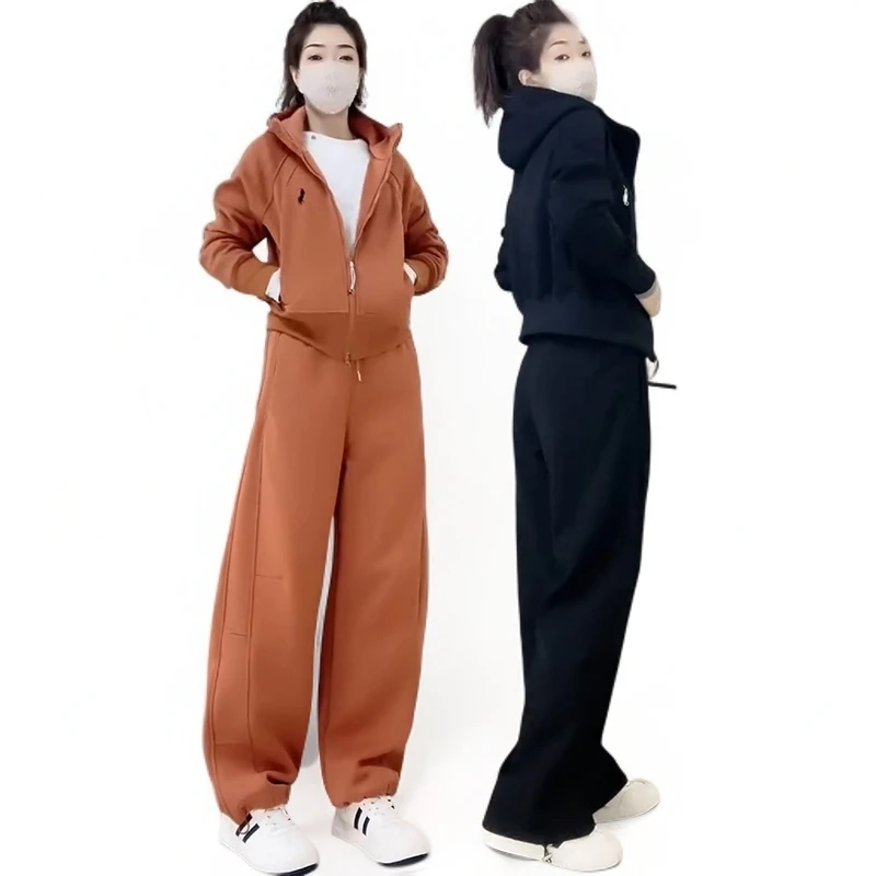 休闲运动套装冬季加绒加厚弯刀裤刺绣连帽减龄显瘦爆款橙色套装