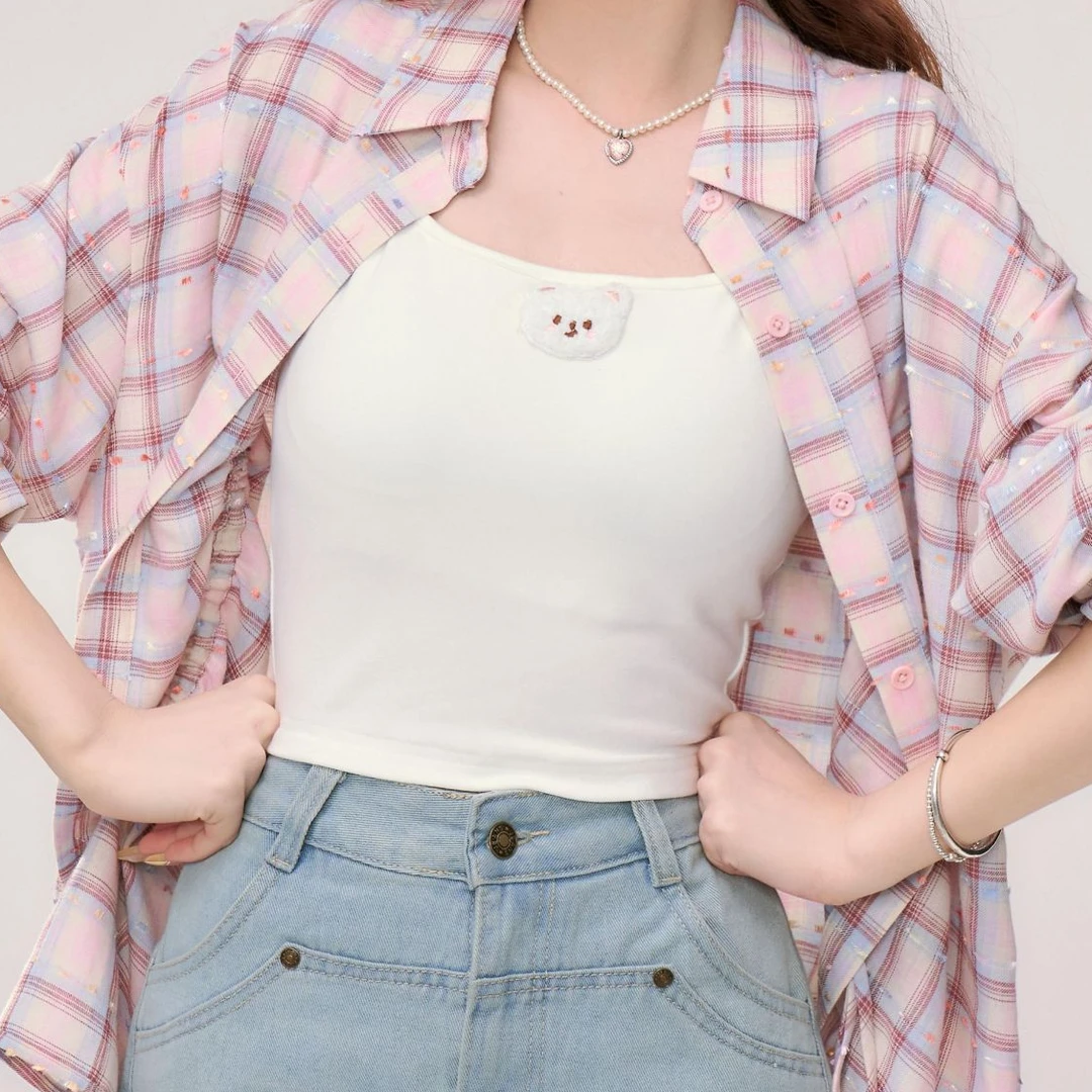糖果兰兰单拍吊带 织物猪原创 甜美粉格子衬衫学院风慵懒感吊带