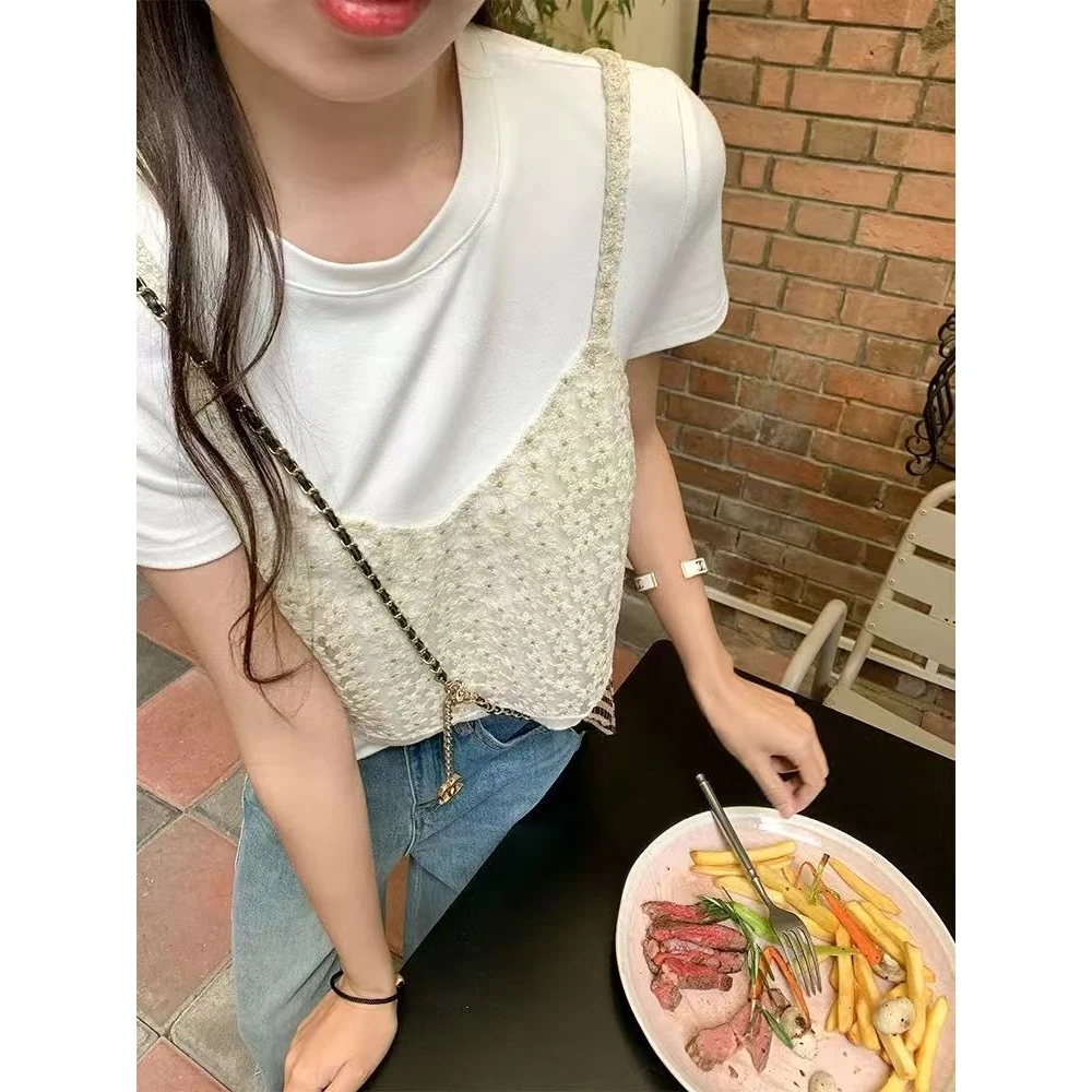 韩系叠穿假两件刺绣吊带百搭短袖花花T恤-0051