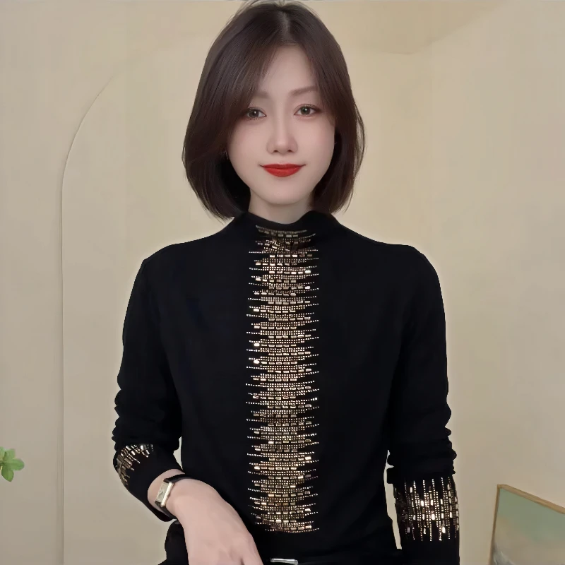 秋冬新款半高领修身打底衫时尚百搭长袖上衣女装德绒保暖创意镶钻