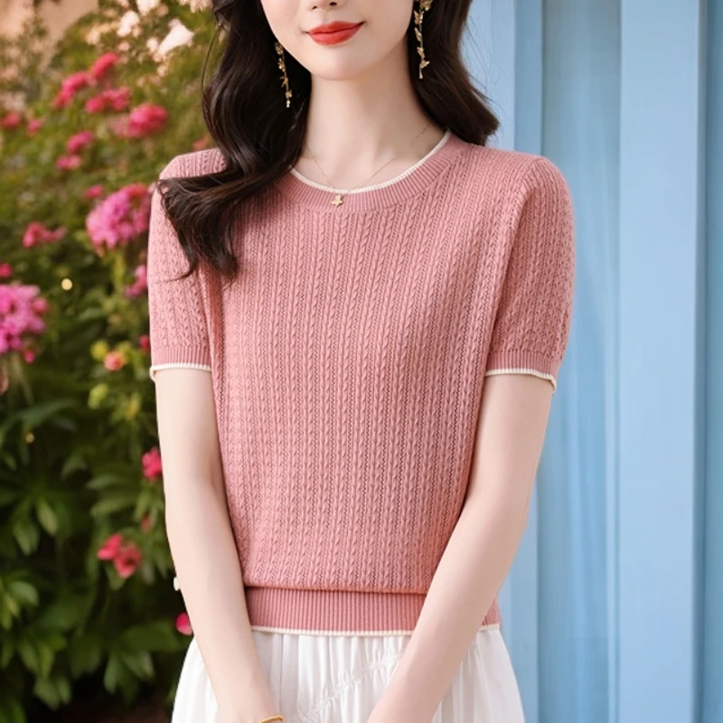 【天丝】薄款时尚圆领夏季新款宽松镂空百搭显瘦女短袖独特小衫