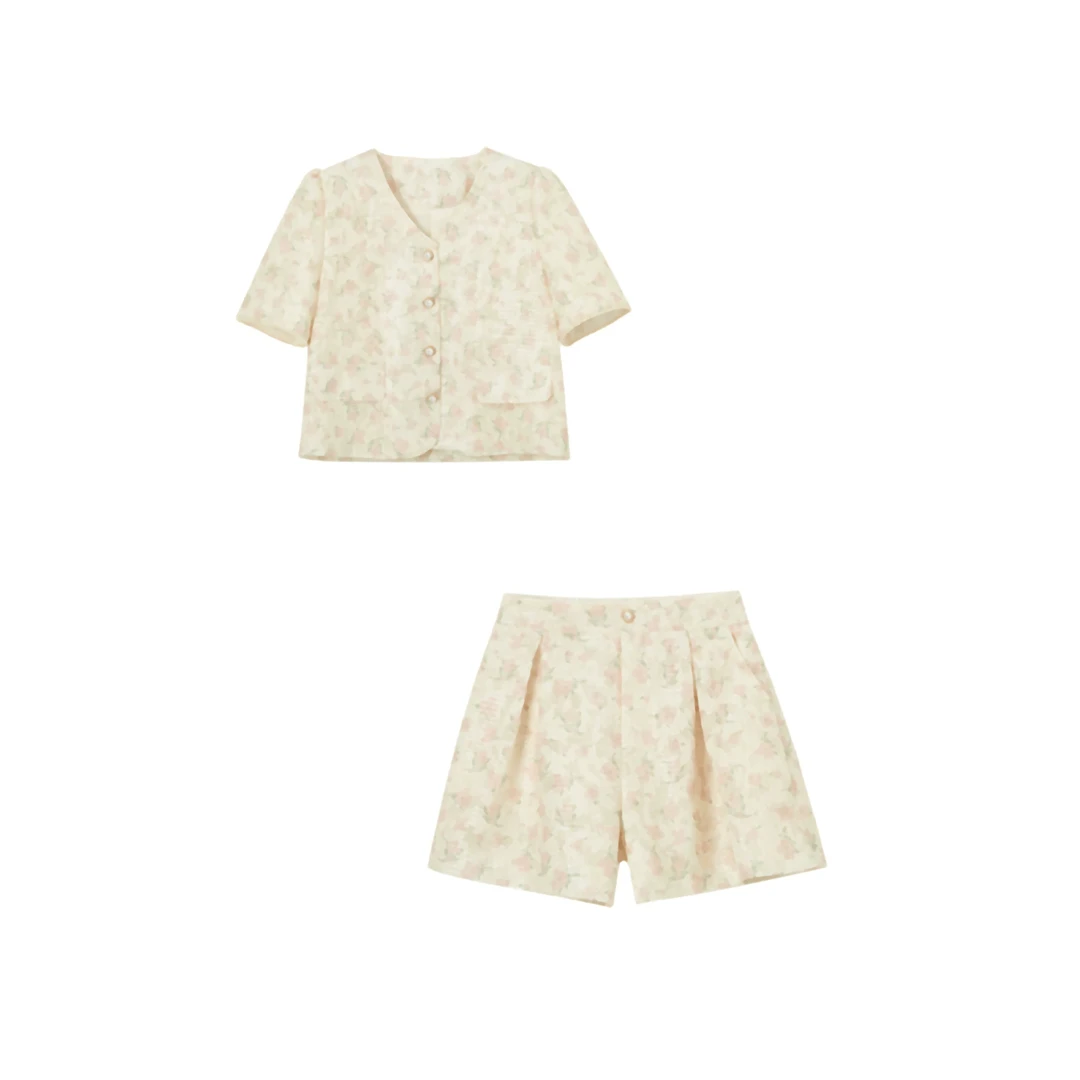 【四季青红姐】玫瑰的故事法式淑女显瘦气质夏季V领上衣套装TY8619