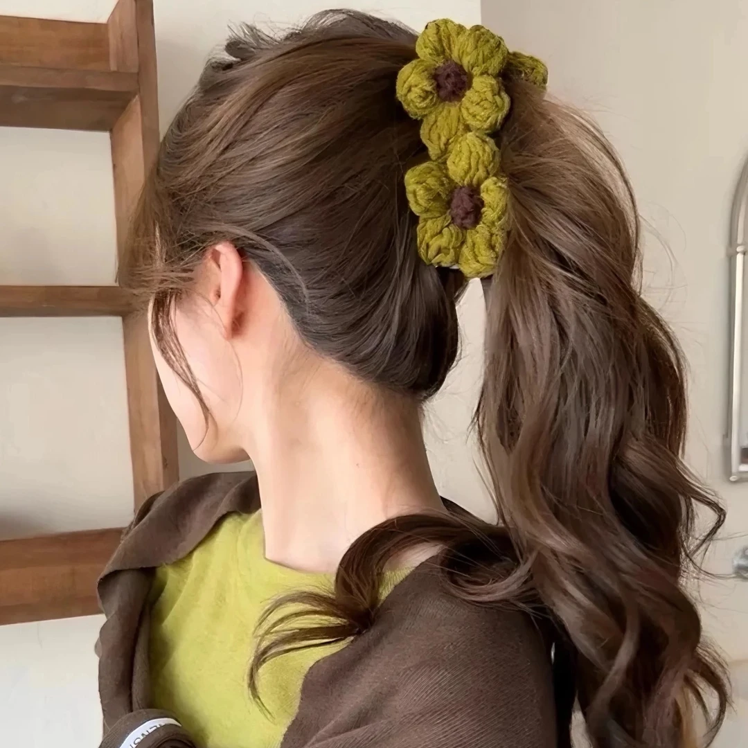 复古针织毛线花朵香蕉夹大号发夹女后脑勺高马尾百搭固定神器竖夹