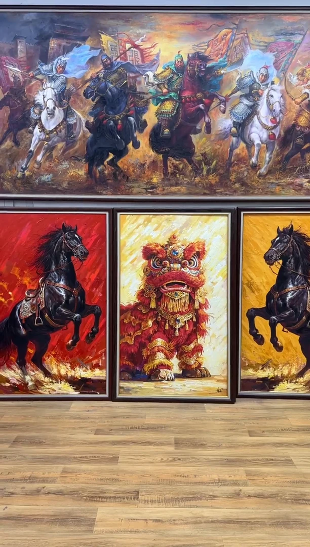 油画醒狮 带框50*70 办公室客厅茶室玄关走廊家居版画挂画油画