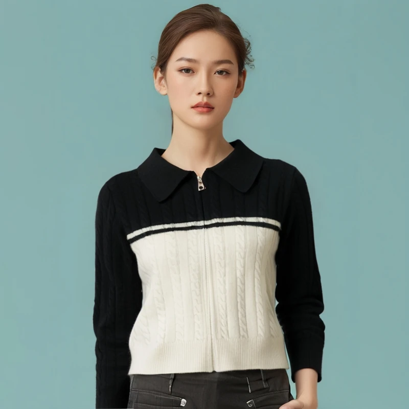 撞色秋季针织衫毛衣上衣拉链女装时尚毛针织衫春季打底衫