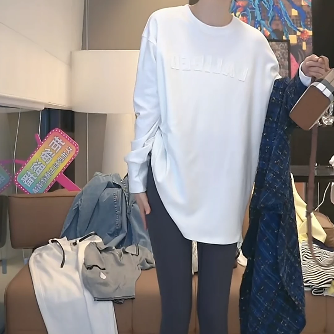 小众设计感简约贴布字母刺绣长袖T恤女2025新款春季百搭纯色上衣