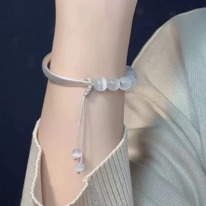 足银手链 足银平安锁半镯半链女小众手链猫眼石手串