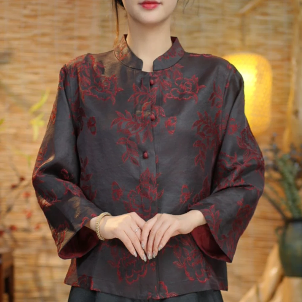 【夜燎牡丹】气质新中式双面提花长袖外套国风立领60-0020夜燎牡丹