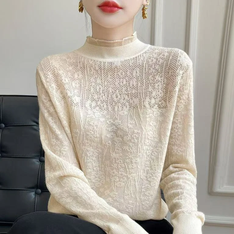 2025年新款法式甜美蕾丝钩花长袖打底衫202