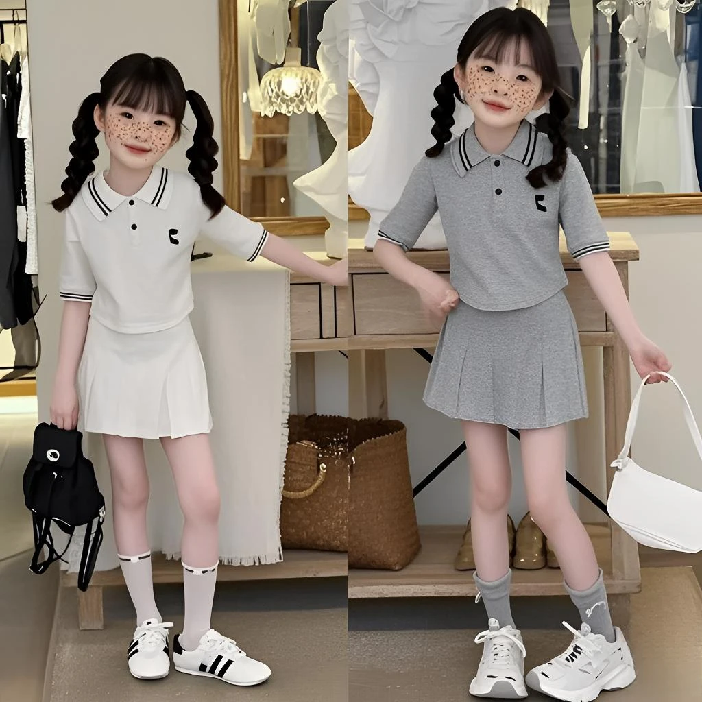 女童夏季套装2025新款韩版短袖运动洋气休闲网红女孩短裙二件套韩