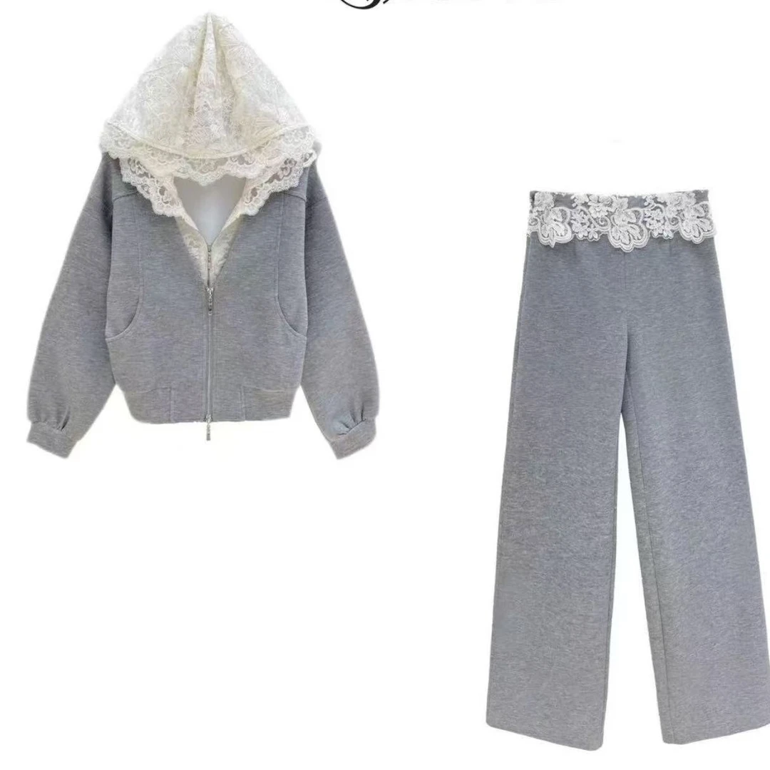 春季蕾丝插肩袖连帽卫衣长裤套装连帽宽松秋冬韩版休闲网红5153款