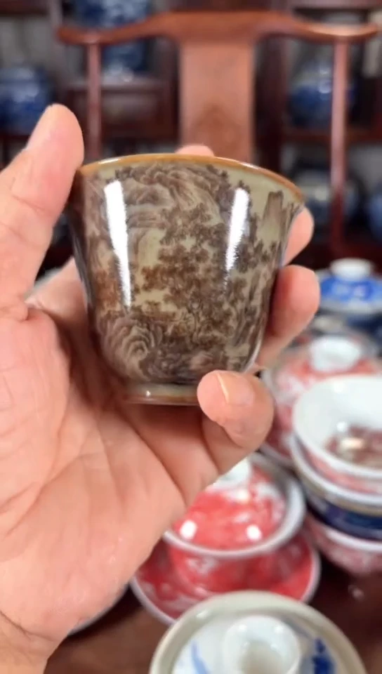 柴窑釉里红山水杯杯吸烟