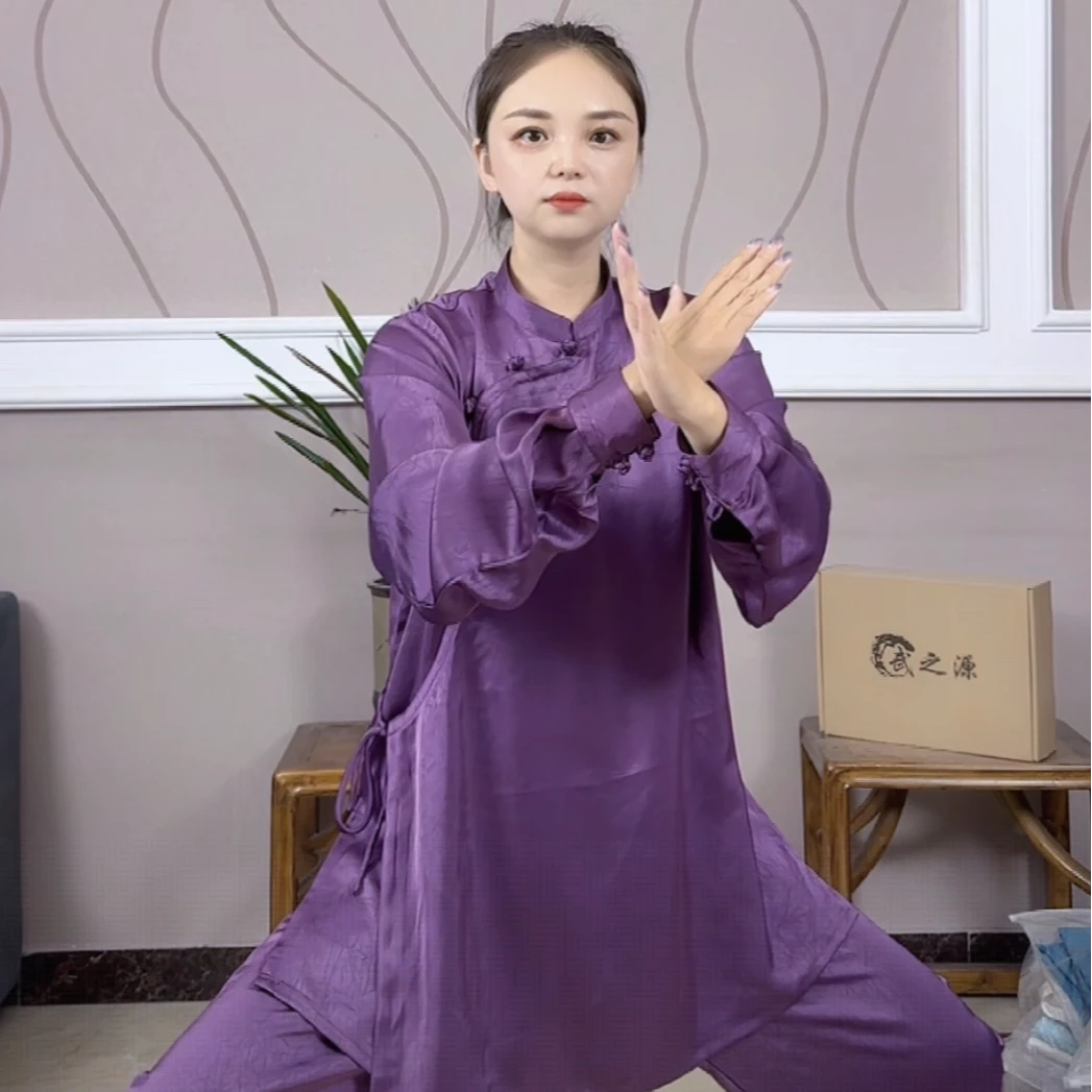 春秋斜襟女士八段锦太极服男女同款醋酸缎练功服太极拳服装