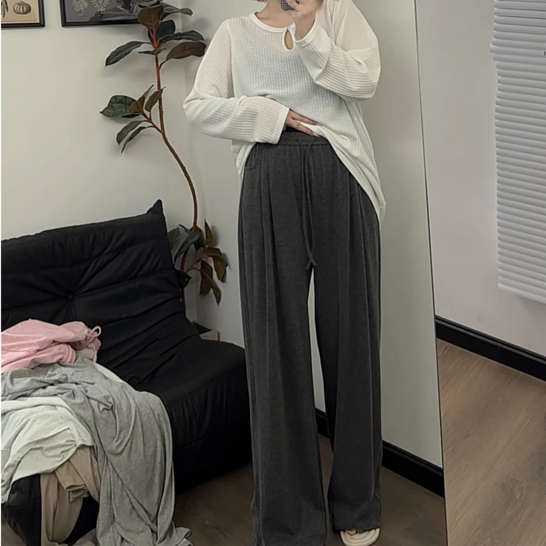 【瘦瘦】百搭纯色软糯糯米裤抽绳瘦版垂感直筒裤大码奶皮裤S0742