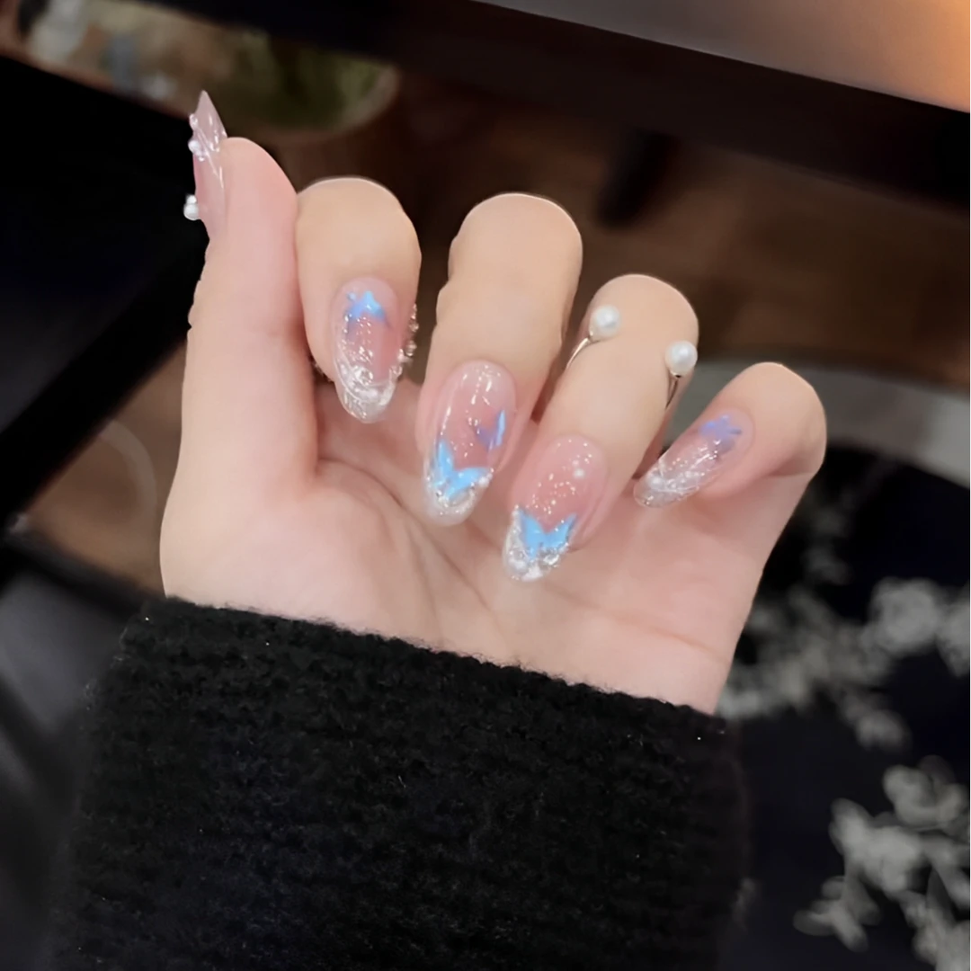 【灵蝶】夏日甜美蓝色蝴蝶猫眼气质温柔美少女显白纯手工穿戴甲贴片