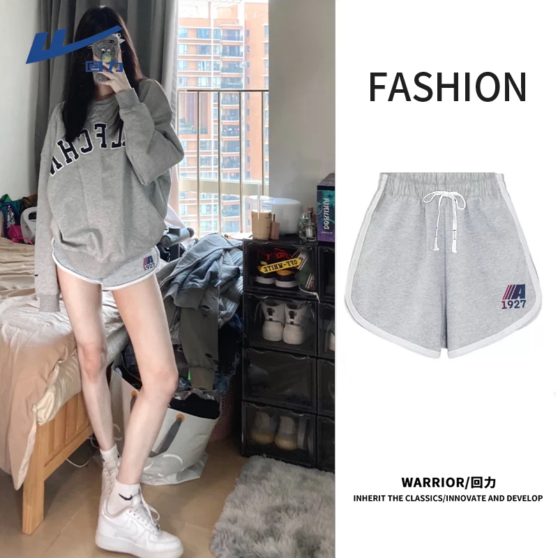 回力灰色棉质运动短裤女夏季外穿2025新款高腰a字宽松休闲三分裤L