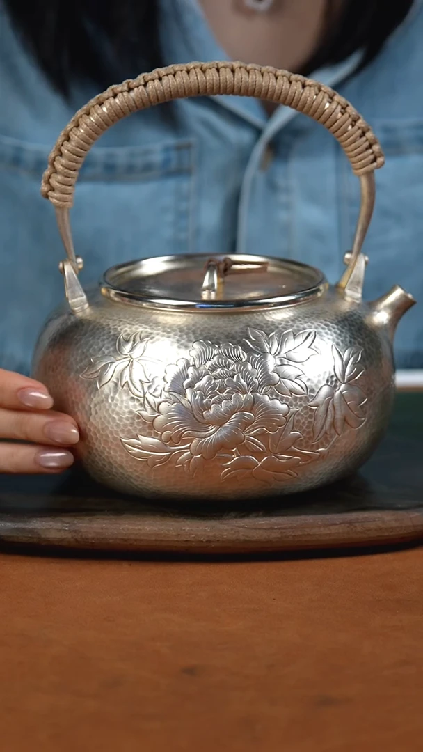 手工锤纹牡丹烧水提梁