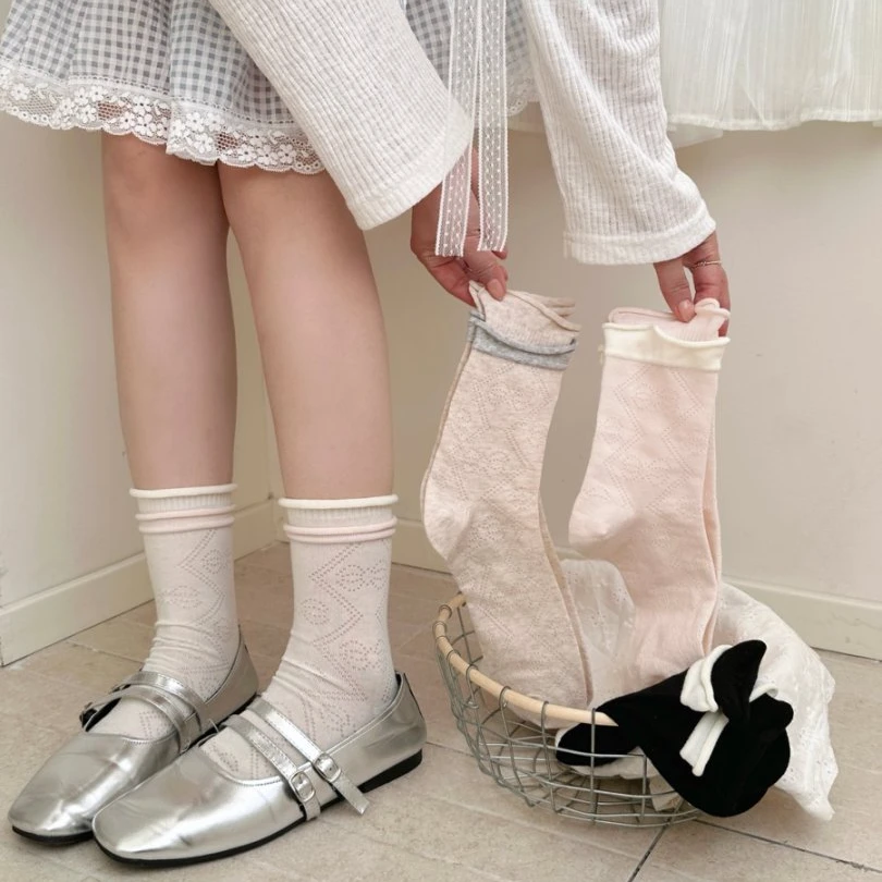 春夏季双层螺口堆堆袜公主风薄款中筒袜拼接条纹运动风透气