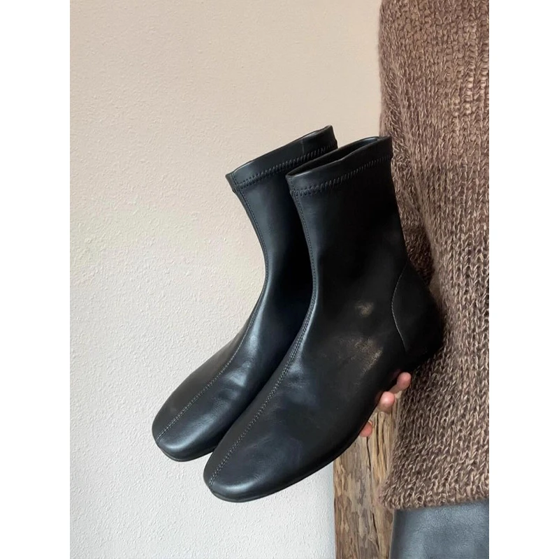 羊皮版~韩版简约圆头内增高瘦瘦靴女气质通勤黑色复古短靴马丁靴