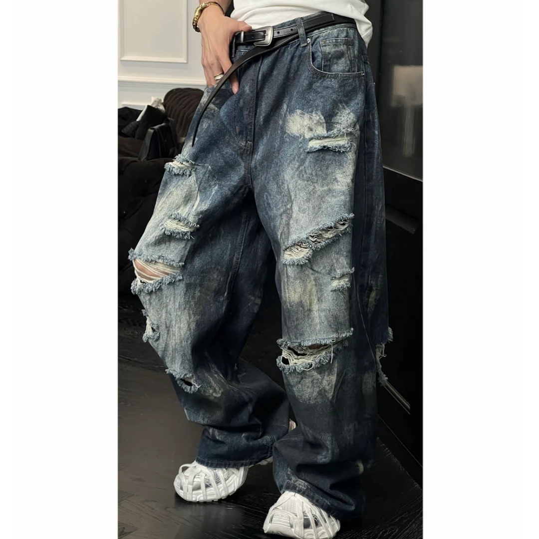 龙刀刀夏季新款潮流复古做旧破洞重工废土风阔腿宽松百搭牛仔裤男