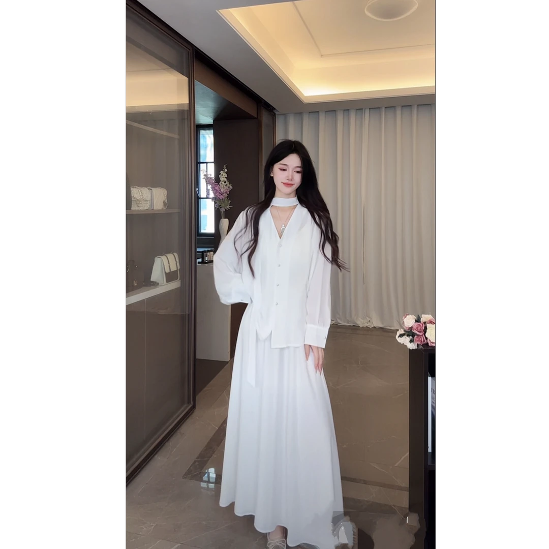夏上新! 2025夏季新款韩系极简V领衬衫+松紧腰半身裙套装