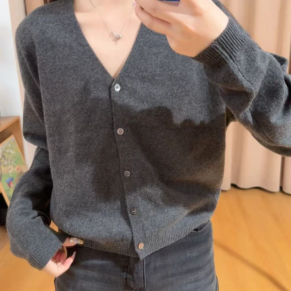 13558余小鱼【品味在线】两色V领单排扣时尚百搭秋冬毛衣开衫女装