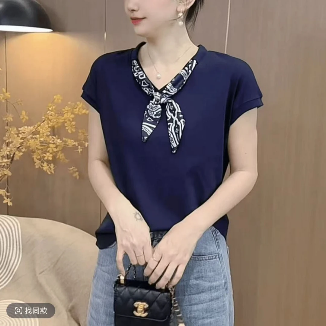 紫皇冠A157休闲新潮风时尚短袖常规T恤耐磨套装V领百搭带丝巾