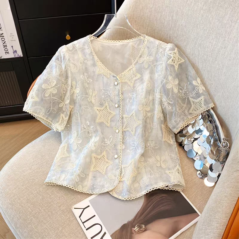 25118 V领镂空星星亮片叶子开衫外套