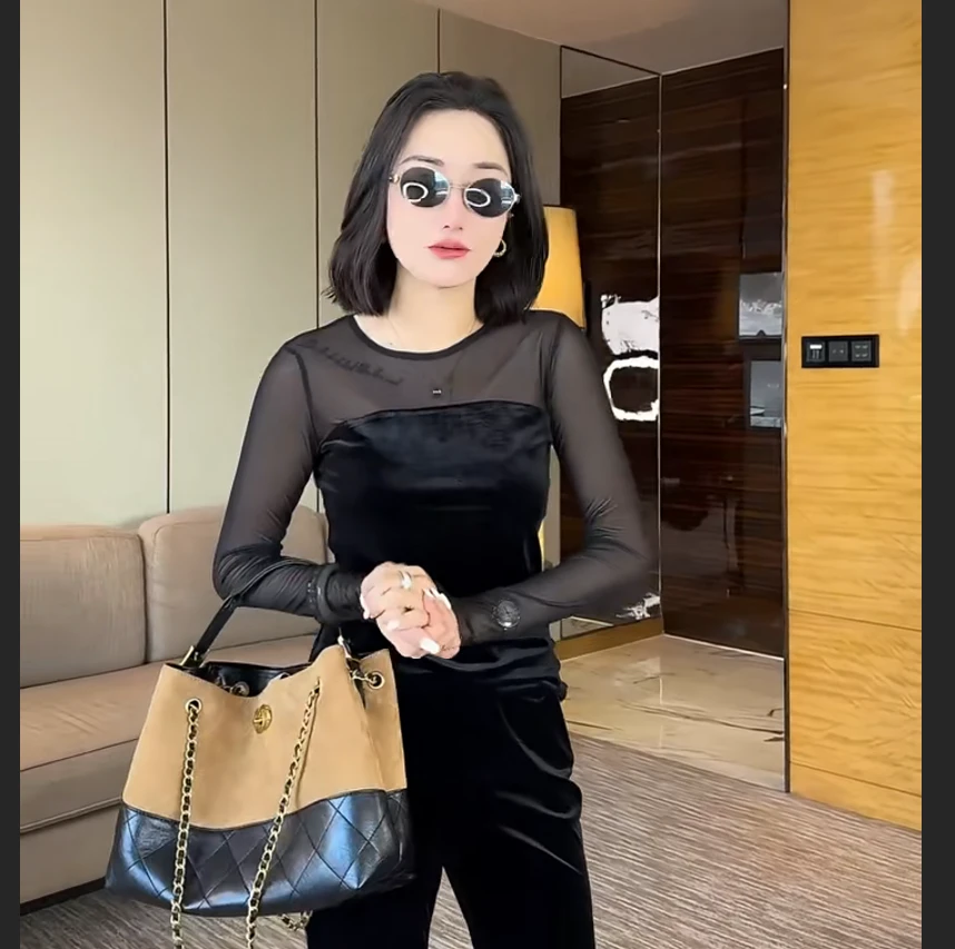 女人味微透网纱拼接丝绒长袖T恤女2025早秋新款修身显瘦减龄上衣