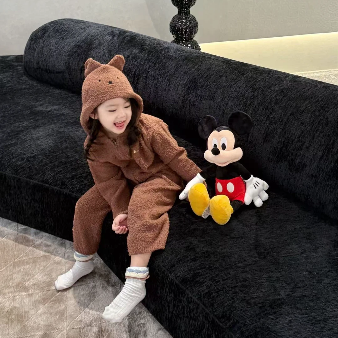 壹妈童装女童秋季套装新款洋气女宝保暖半边绒咖色家居服两件套