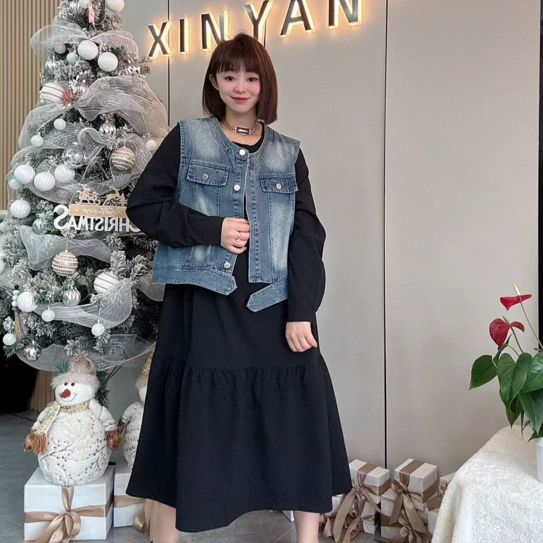 【鑫焱甄选】2025高级欧货水洗牛仔马甲搭配宽松连衣裙套装时尚洋气