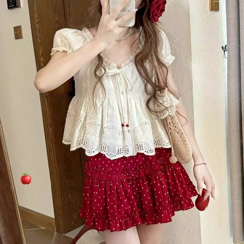 夏季甜美风宽松显瘦上衣复古红色波点短裙套装
