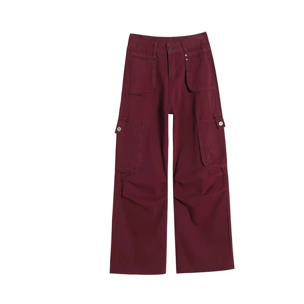 安哥拉红多口袋工装裤女春秋新款美式高腰宽松阔腿裤设计感牛仔裤