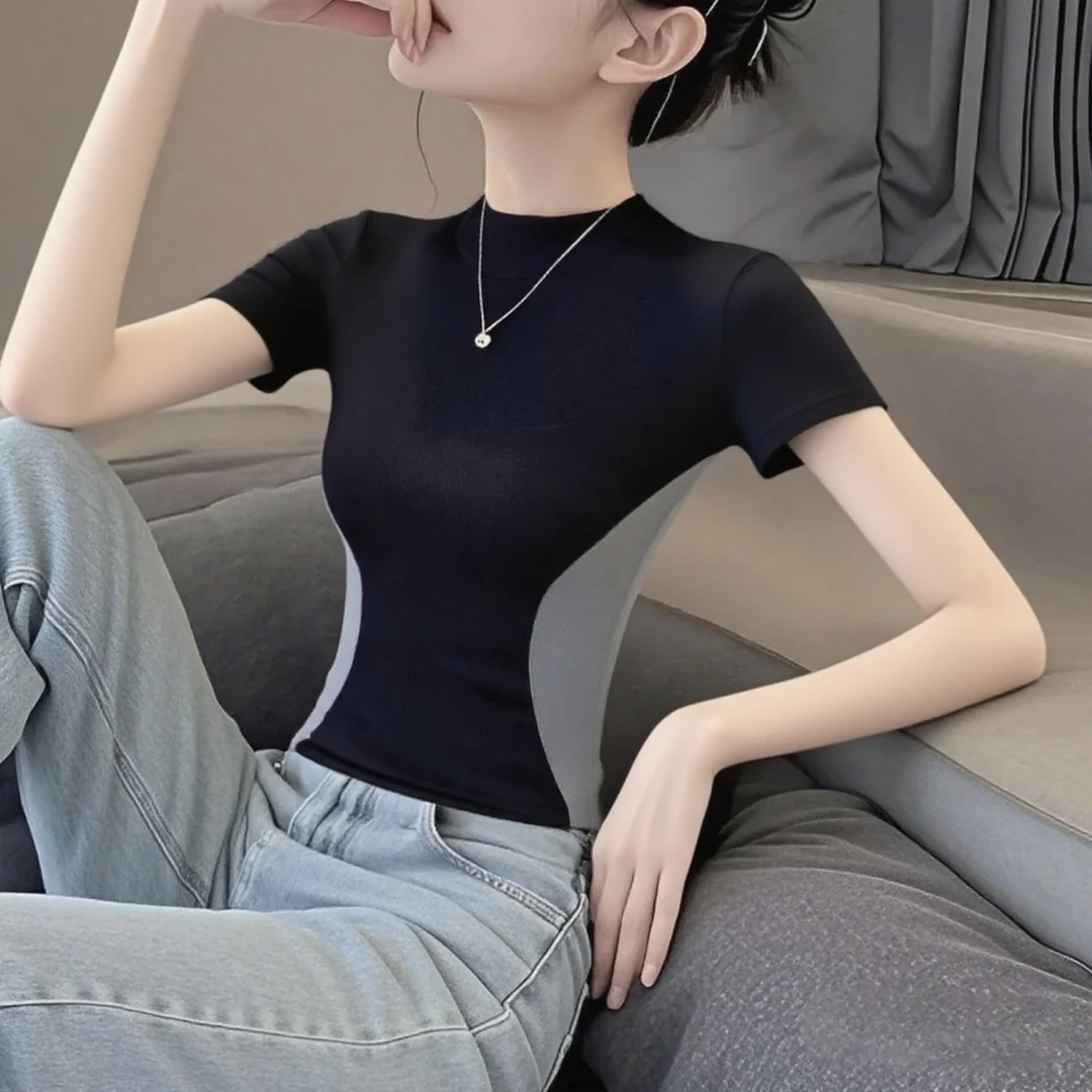 2025新款夏季半高领短袖T恤女洋气修身显瘦黑色收腰小众螺纹上衣