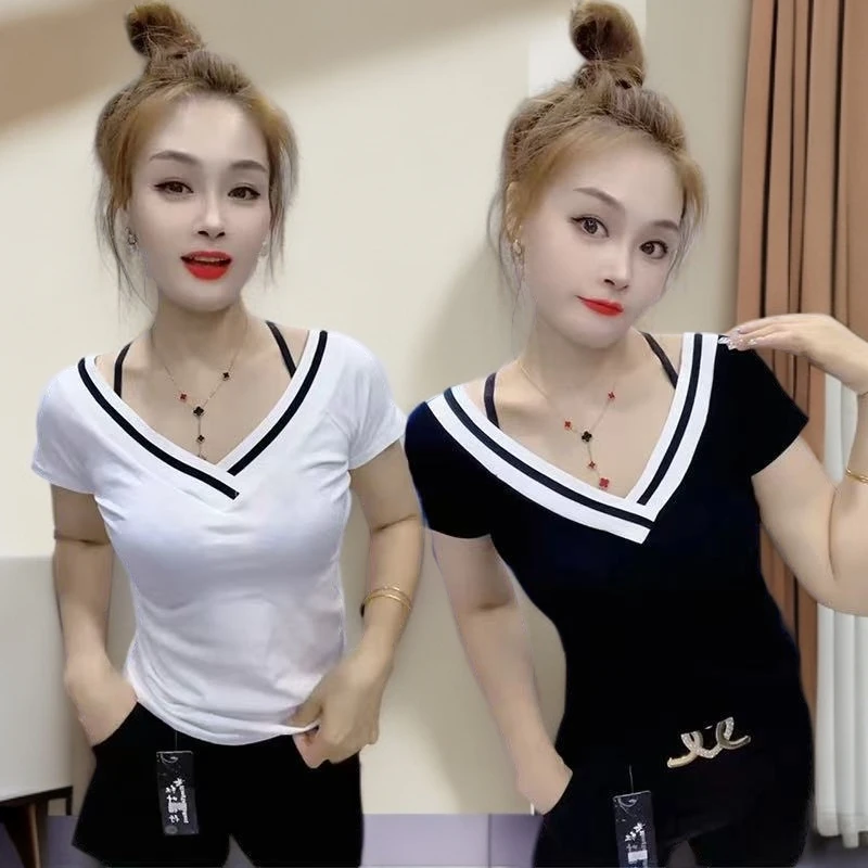 2025春夏季新款短袖t恤女士V领体恤上衣修身显瘦弹力内搭打底衫