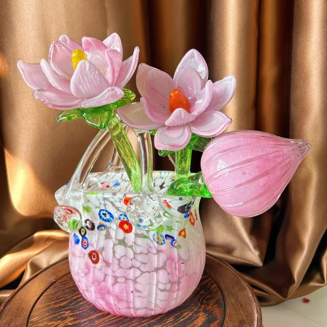 粉荷凝露琉璃花篮和花整套花瓶纯手工制作